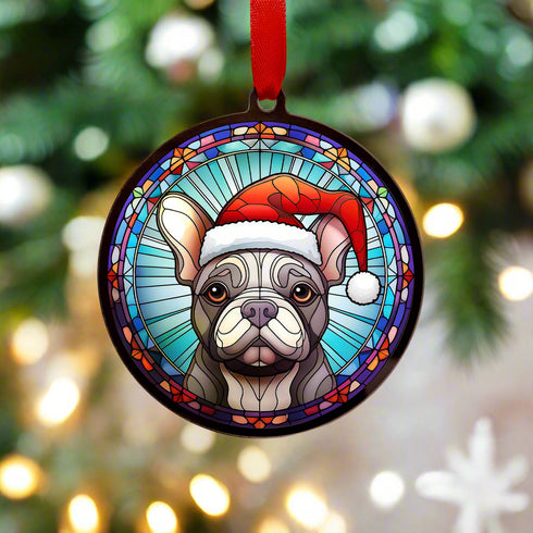 French Bulldog Grey in Santa Hat Suncatcher Decoration